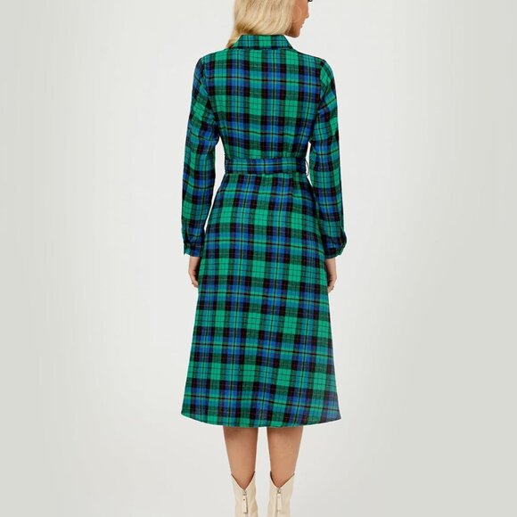 Women's Plaid Maxi Dress Long Sleeve Collared Belted Button Down Casual - Picture 5 of 6